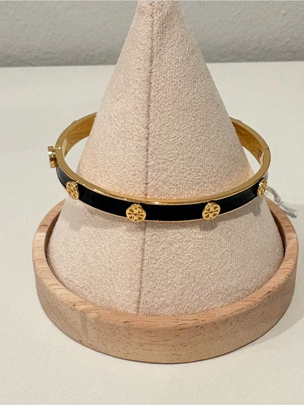 Tory Burch Black Enamel Bangle with Gold Logo Discs